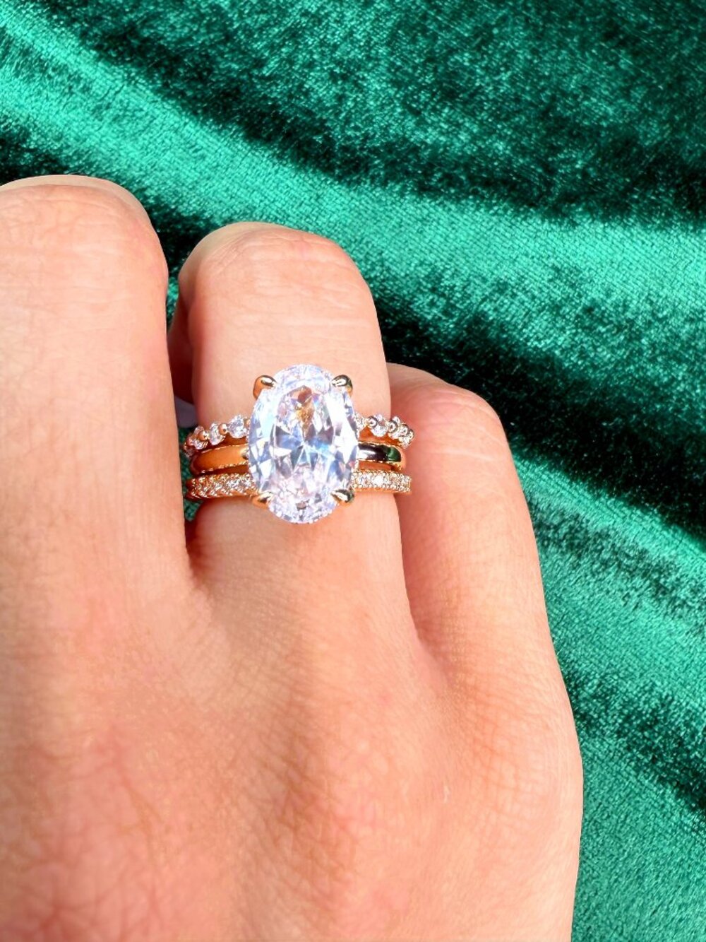 High Carbon CZ 4ct Oval 3-Piece Ring Stack 14K Yellow Gold Plated Size 7